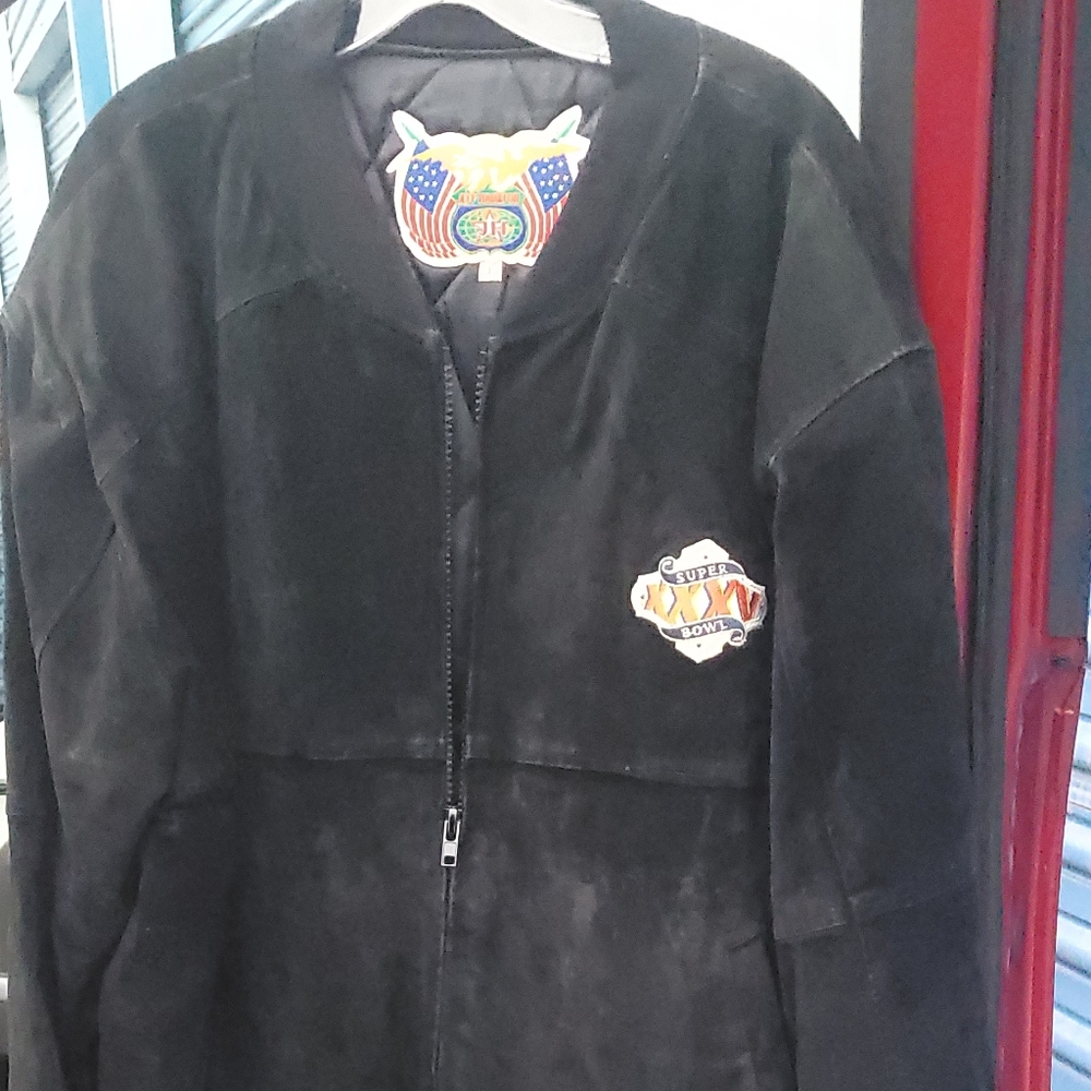 Jeff Hamilton Black Quilted Super Bowl XXXV mens large suede jacket.